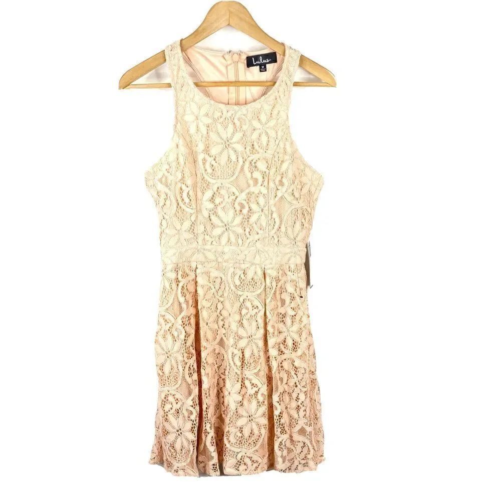 Lulus Dress Size Medium Womens Pink Lace Halter Sleeveless Skater Lined Pleated